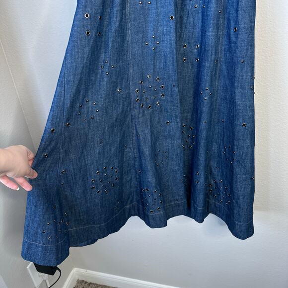 BY ANTHROPOLOGIE Grommet Denim Midi Dress Western Rodeo Flare Studded Size 4P - Picture 9 of 12